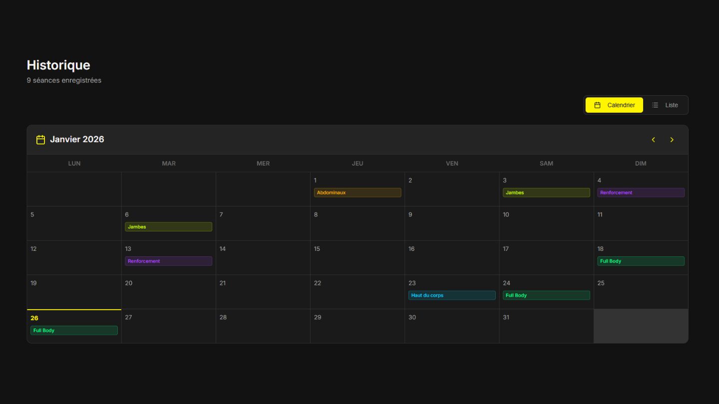 Calendrier de planification des séances d'entraînement dans Fitéon